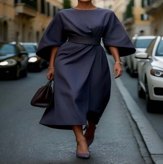 Balloon-sleeve midi dress – navy blue
