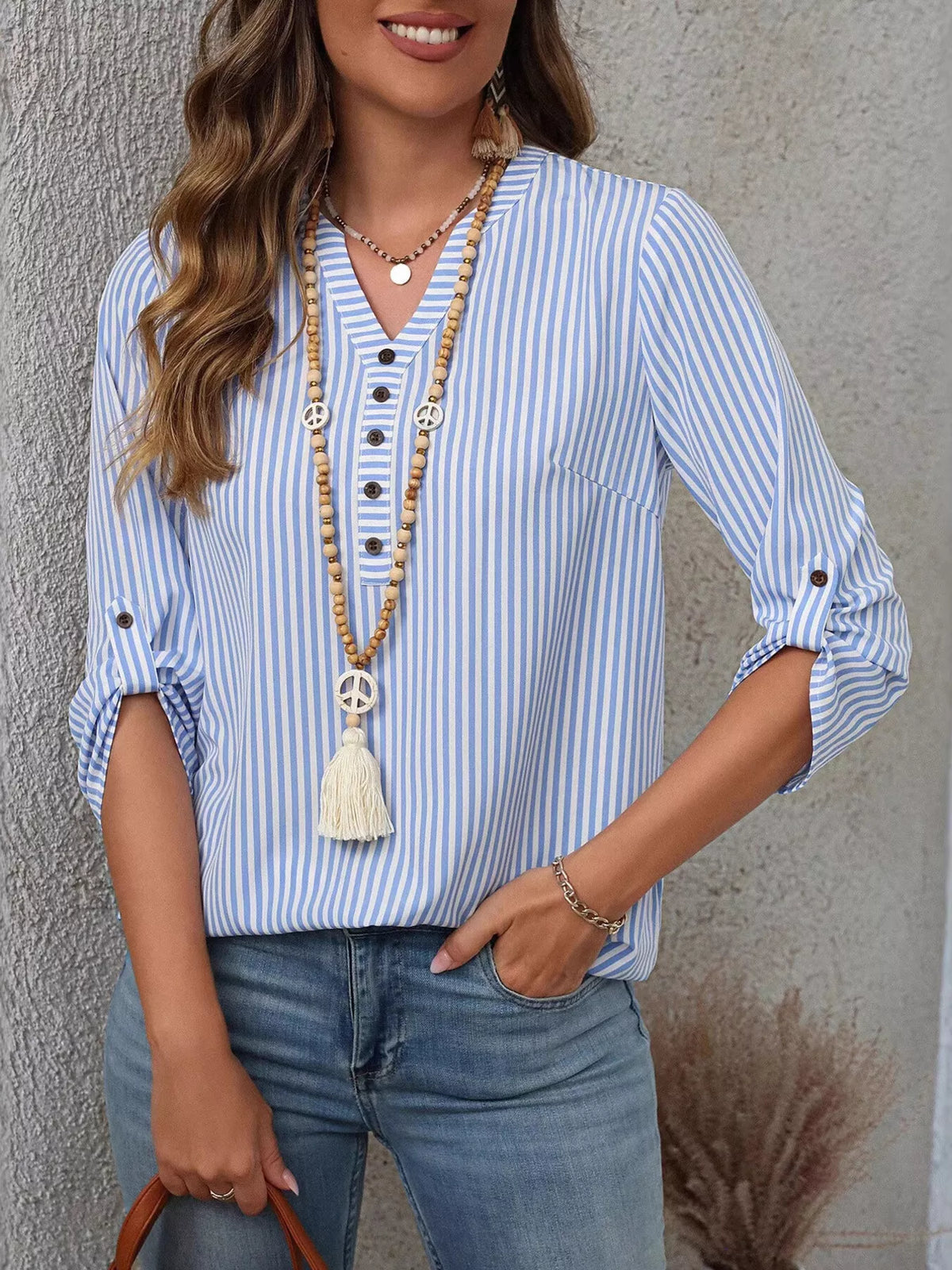 Striped roll-sleeve blouse