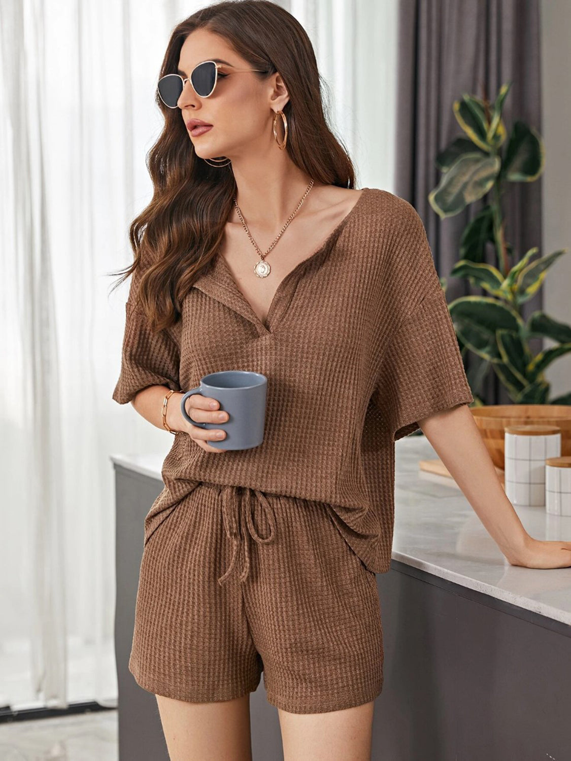 Waffle-knit dropped shoulder top and shorts set