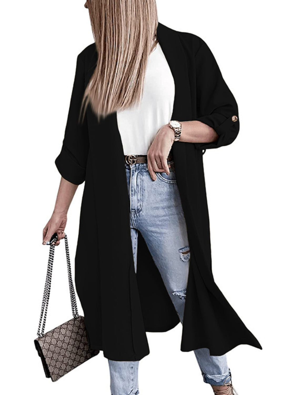 Slit open front roll-tab sleeve trench coat