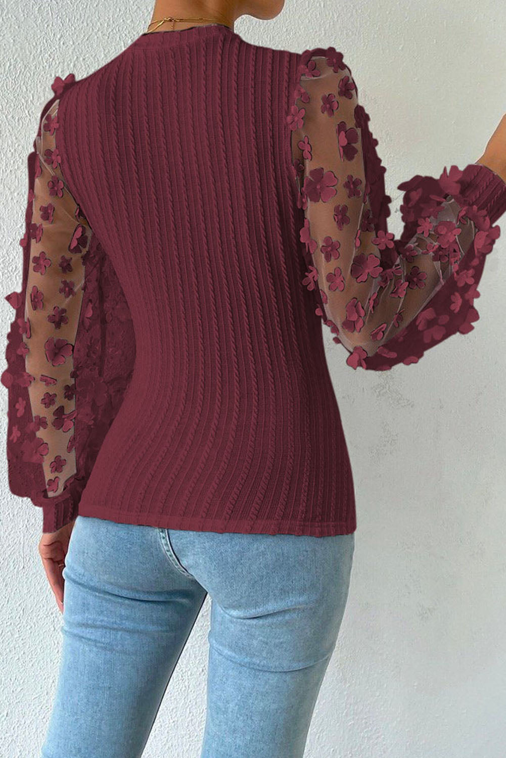 Double Take Textured Applique Long Sleeve Blouse