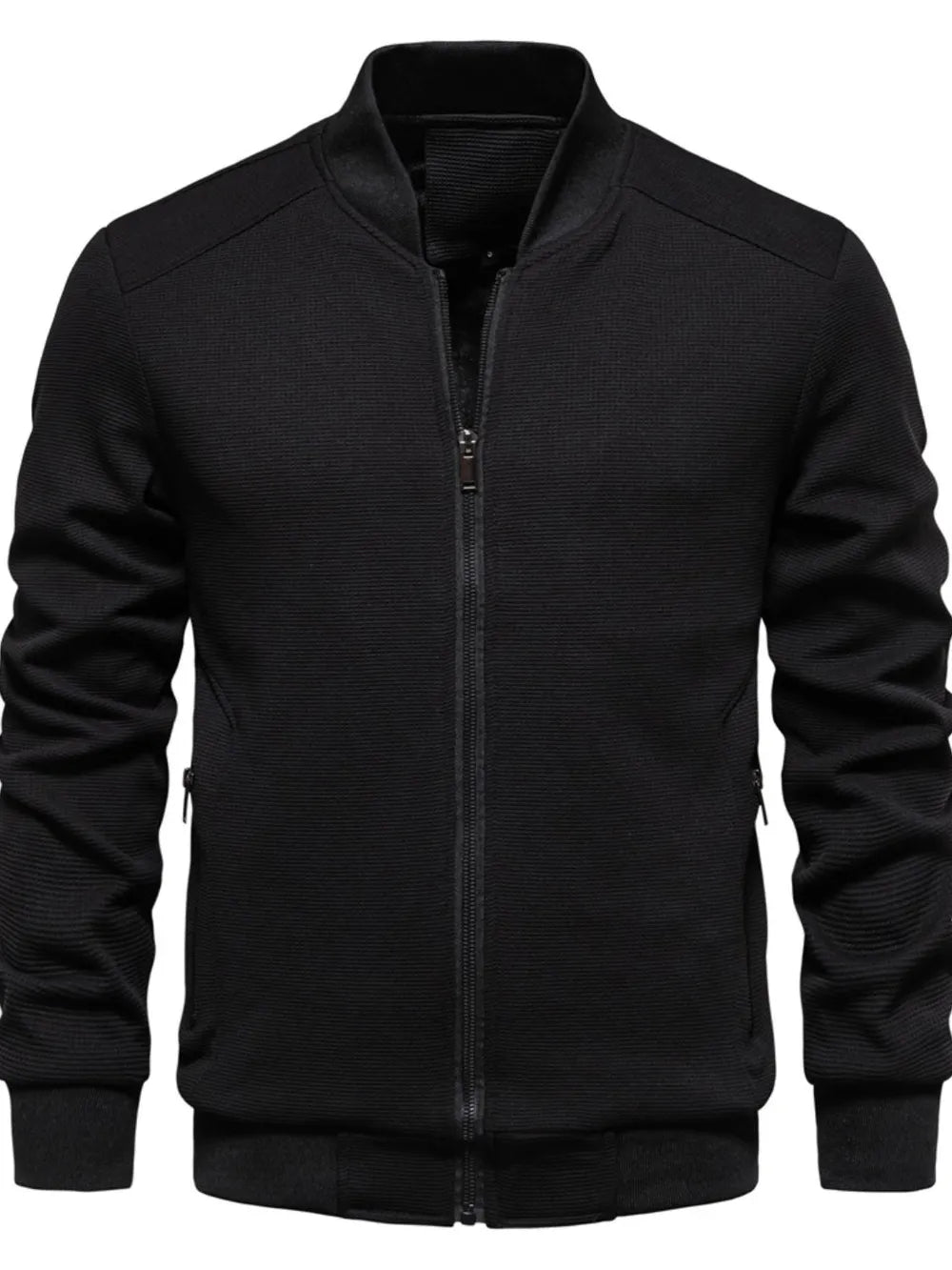 Waffle knit baseball collar zip up jacket, Black