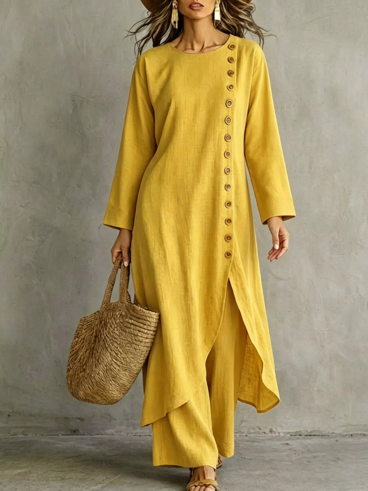 Side-buttoned longline top and pants set, Yellow