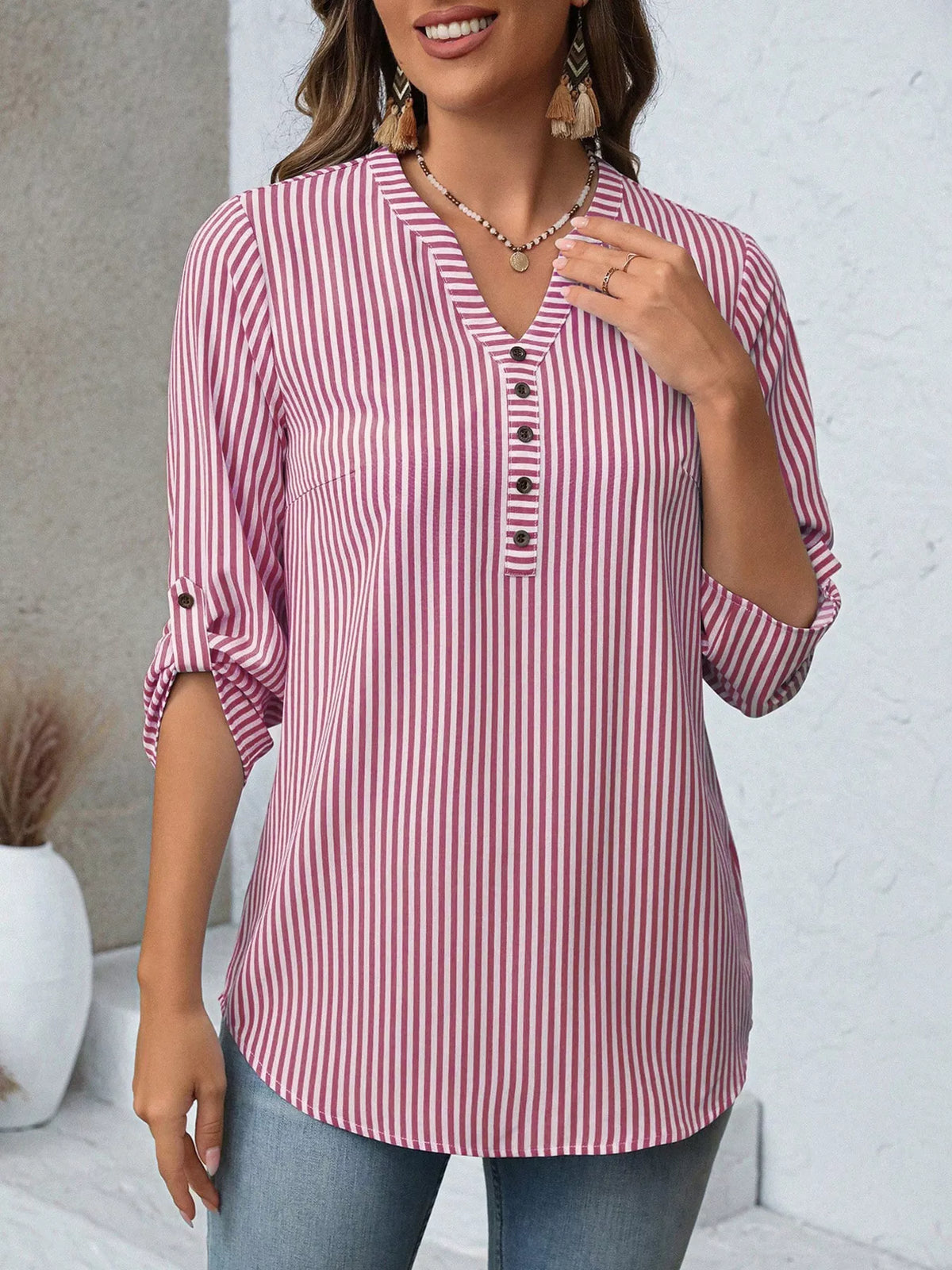 Striped roll-sleeve blouse, Red Stripe