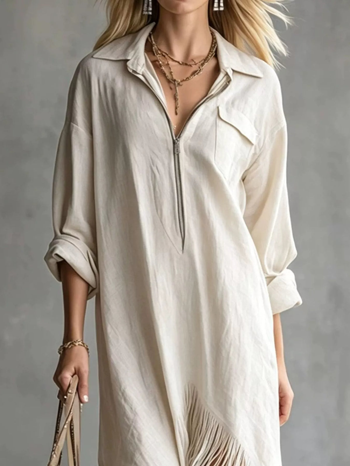 Fringe-hem zip shirt dress