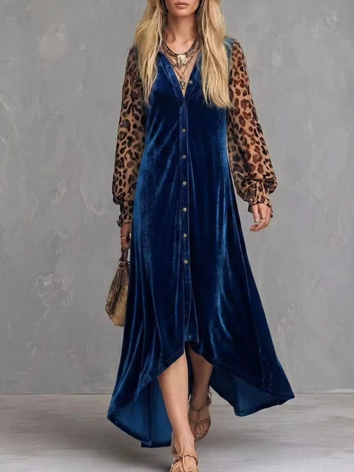 Leopard velvet maxi dress – blue