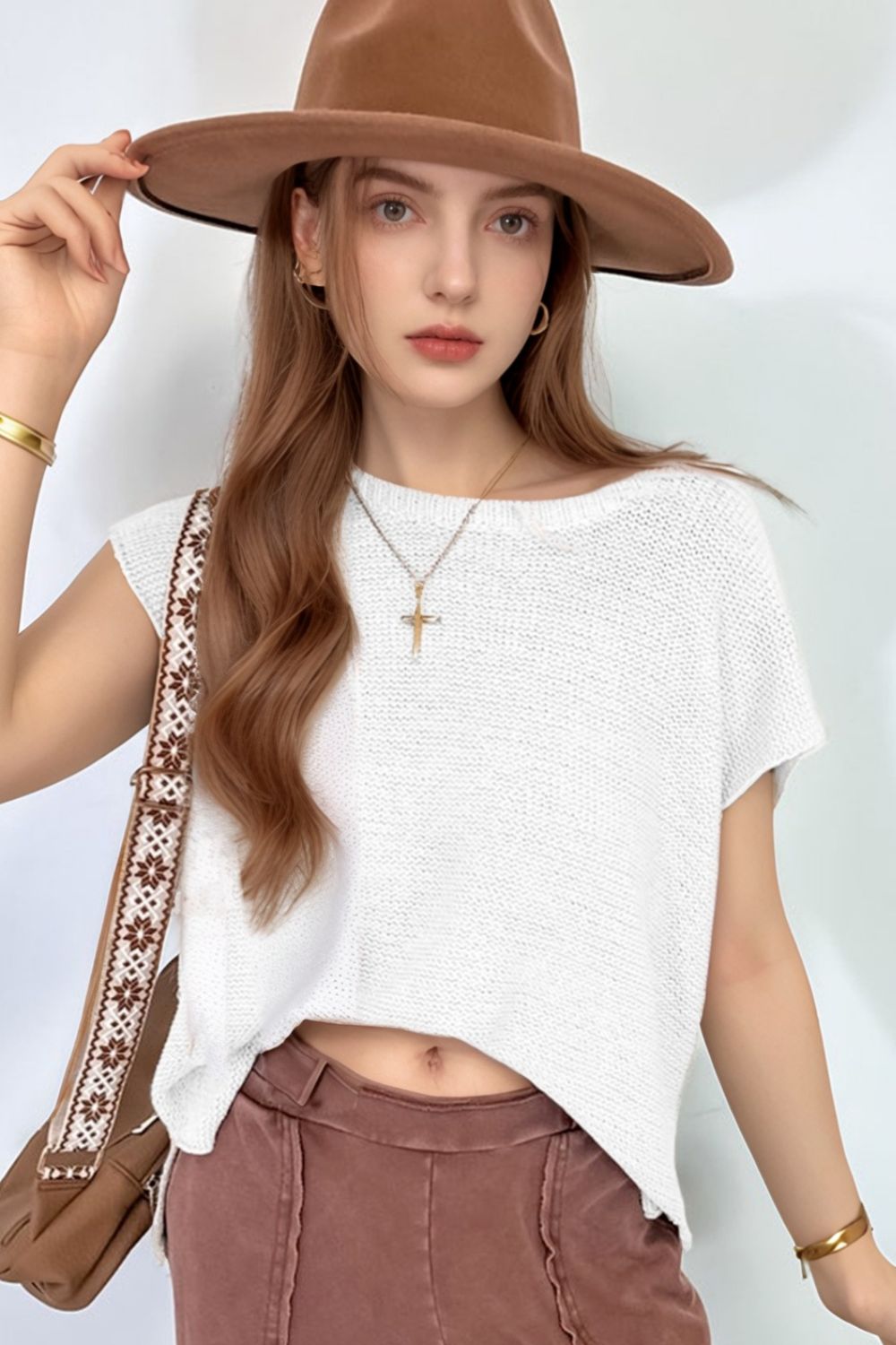 Side slit knit top, White