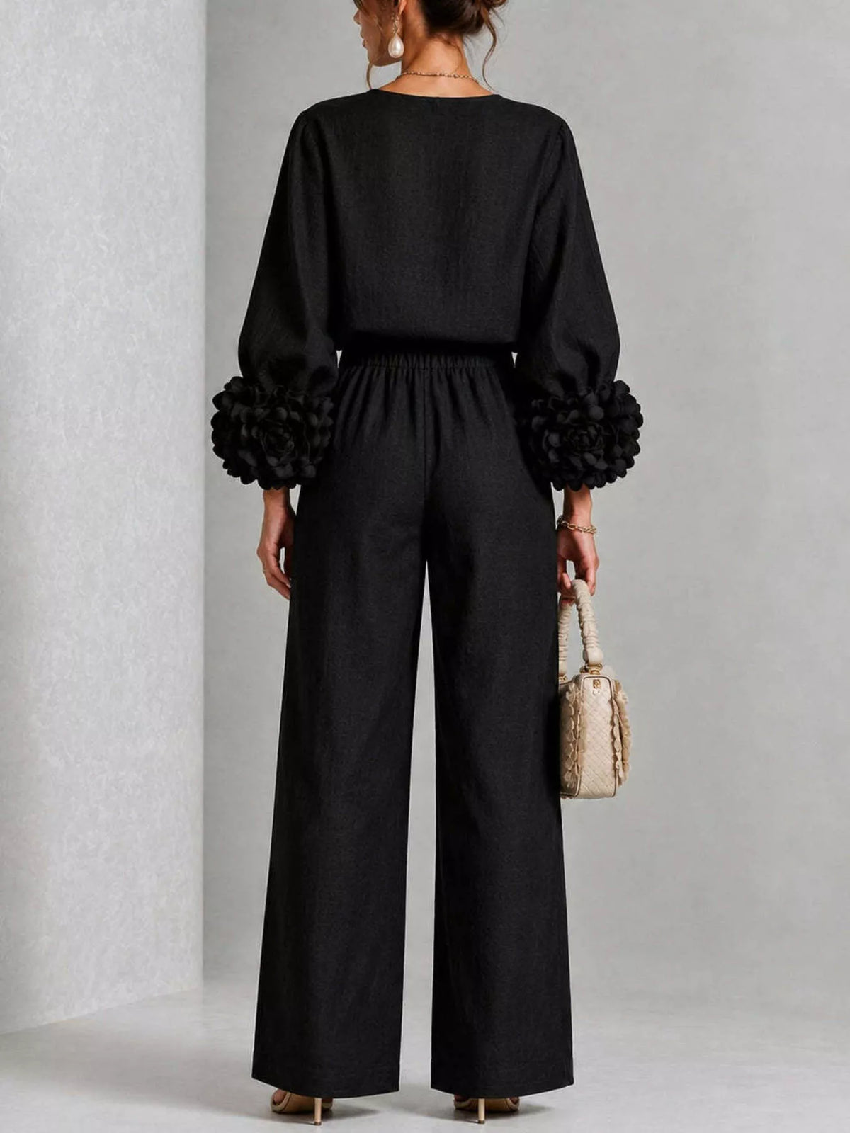 Floral-cuff top and pants set