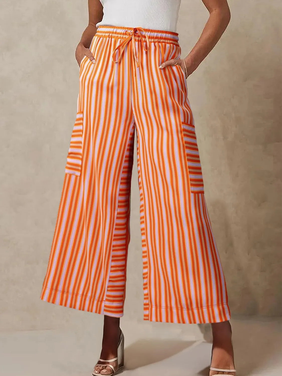 Contrast striped wide leg pants, Tangerine