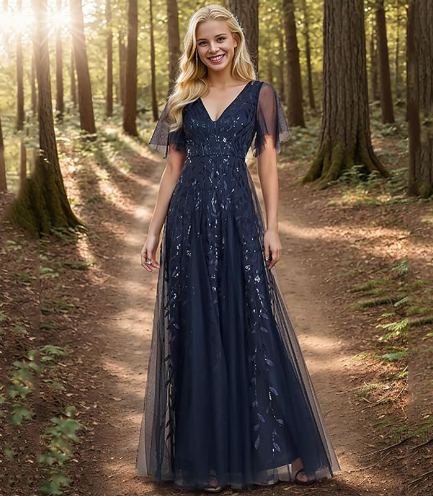 Flutter-sleeve sequin gown
