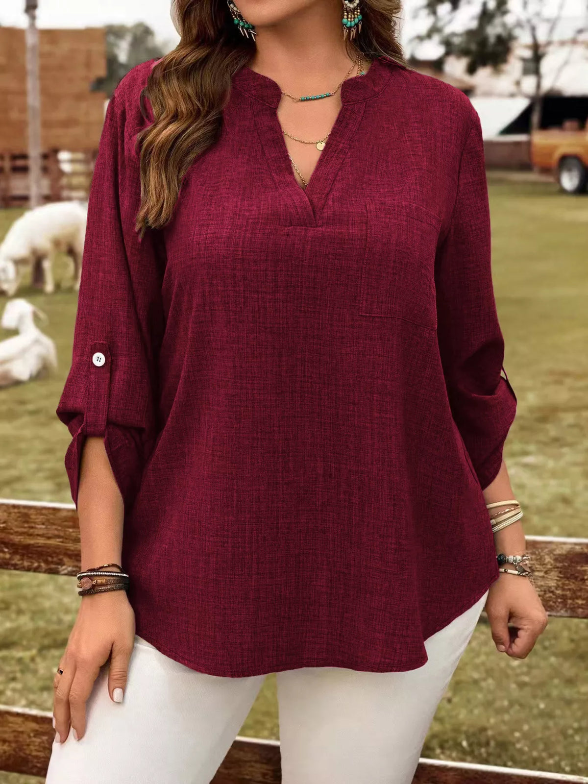 Roll-tab sleeve blouse