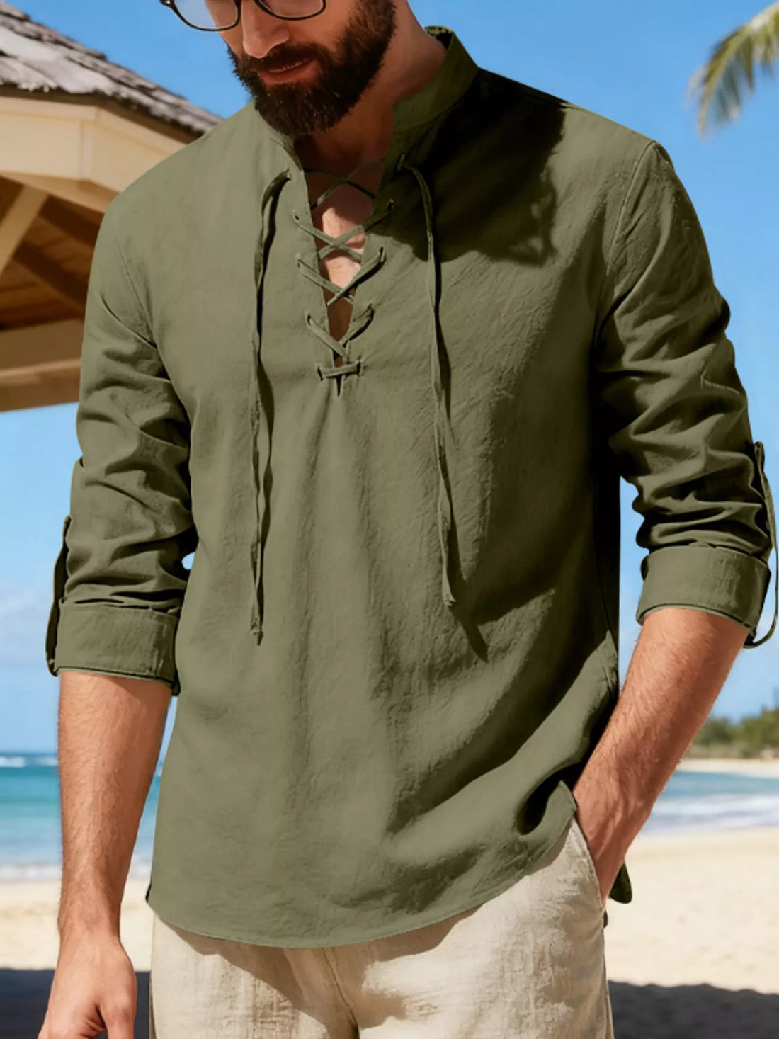 Casual Lace-Up Linen Shirt