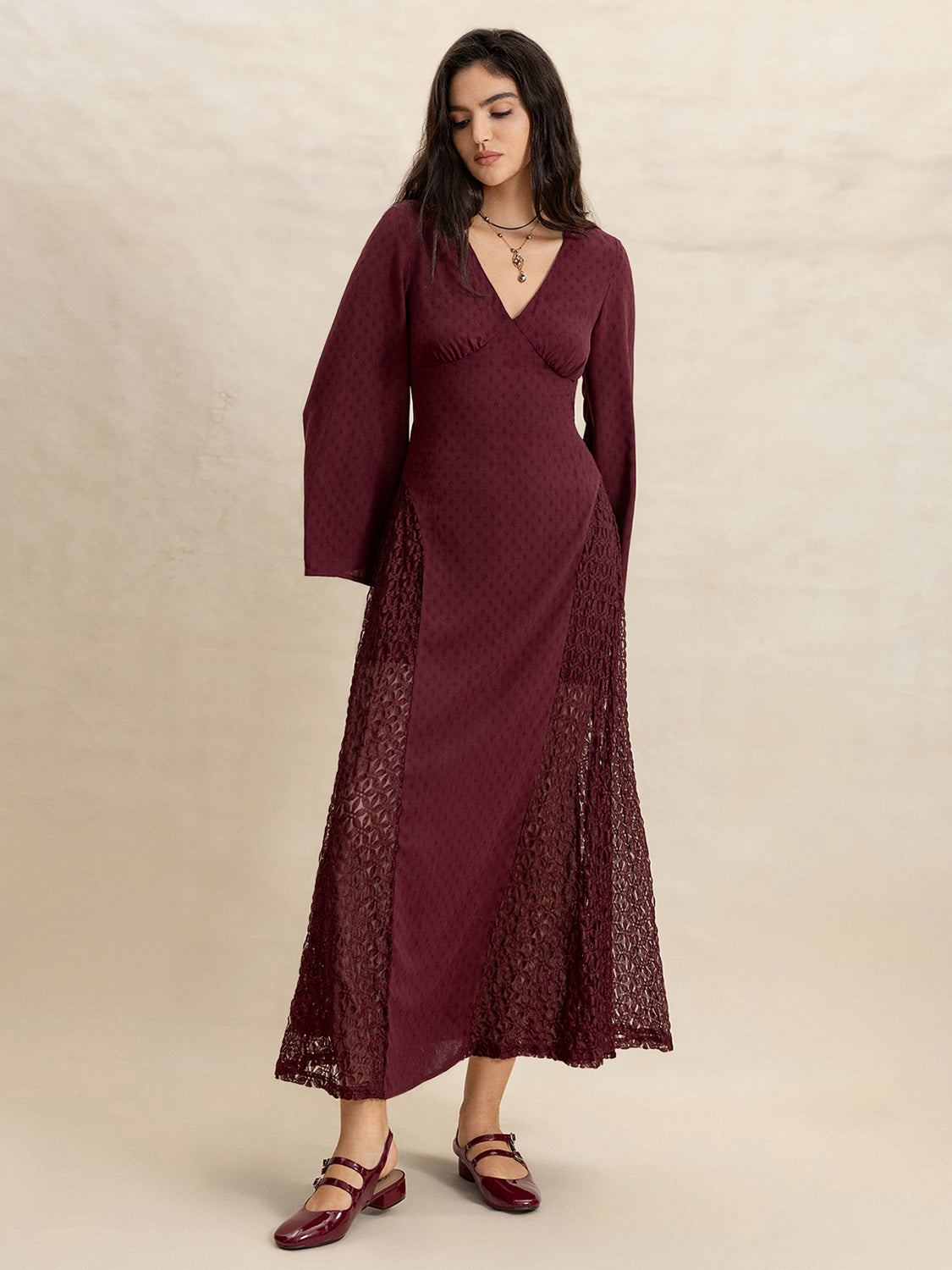 Lace Patchwork V-Neck Long Sleeve Midi Dress