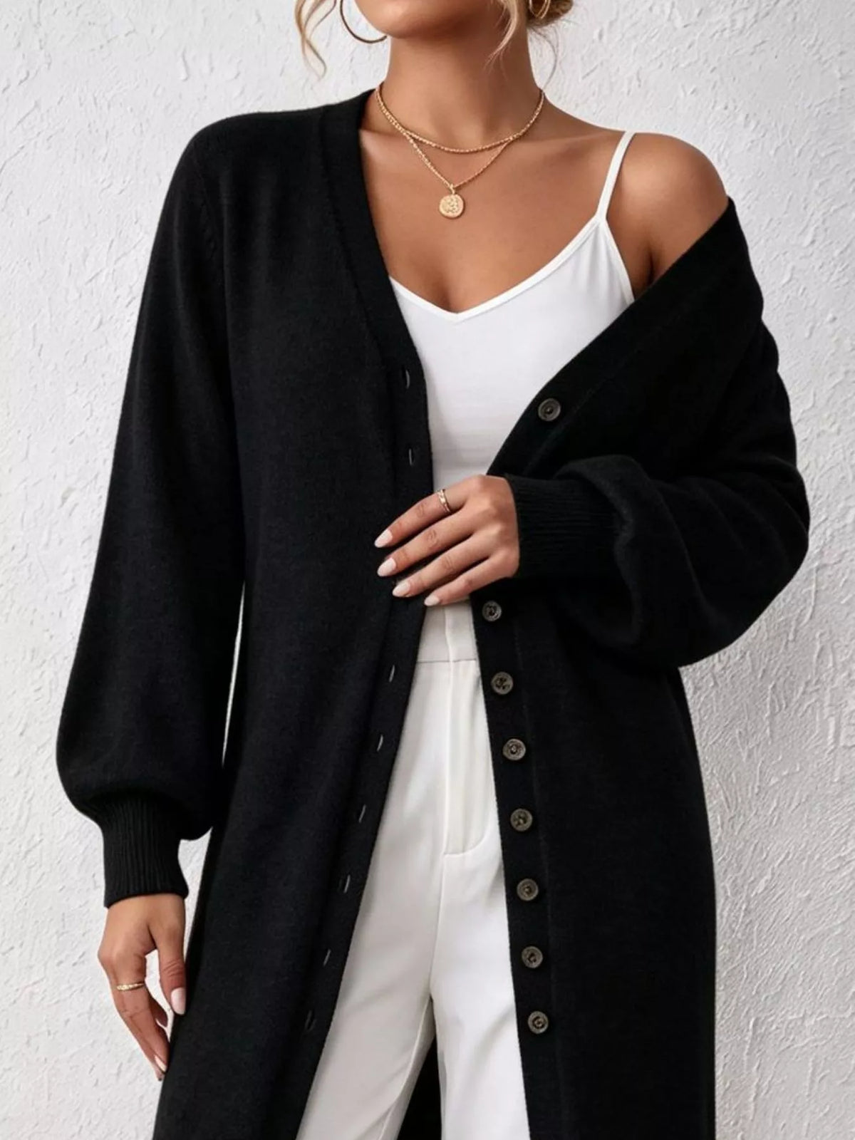 Elegant longline button-front cardigan with lantern sleeves