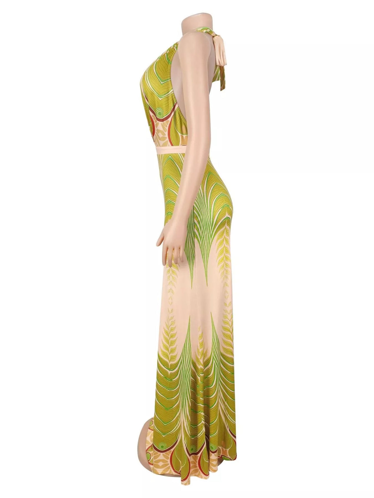Leaf-print halter maxi dress