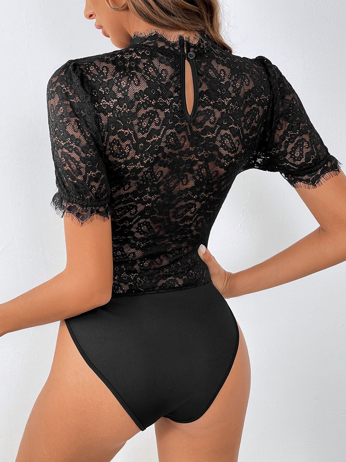 Perfee Lace Mock Neck Short Sleeve Bodysuit