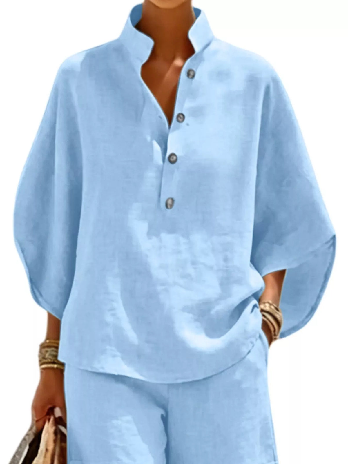 Button detail loose fit top and shorts set