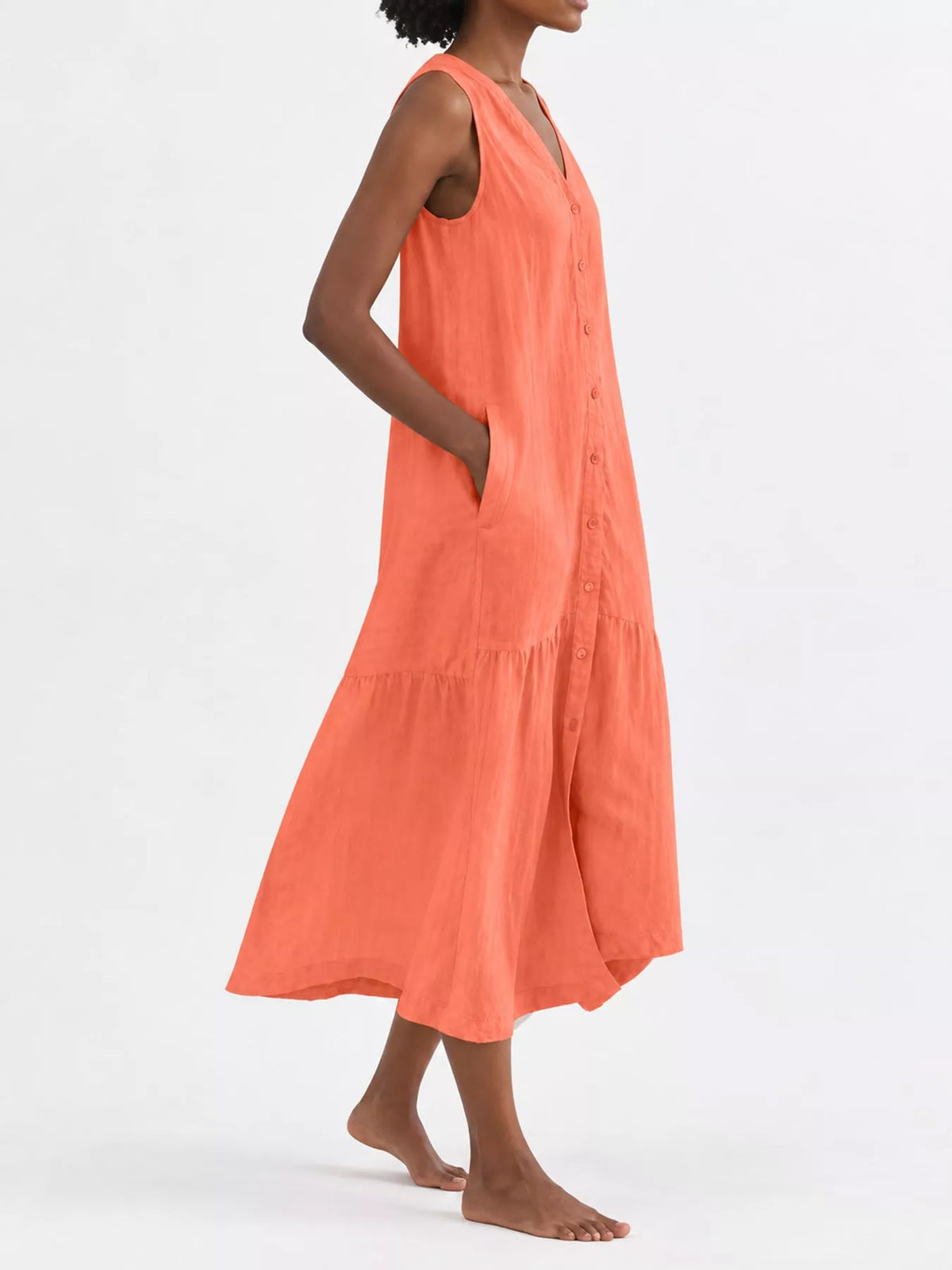 V-neck button front sleeveless midi dress