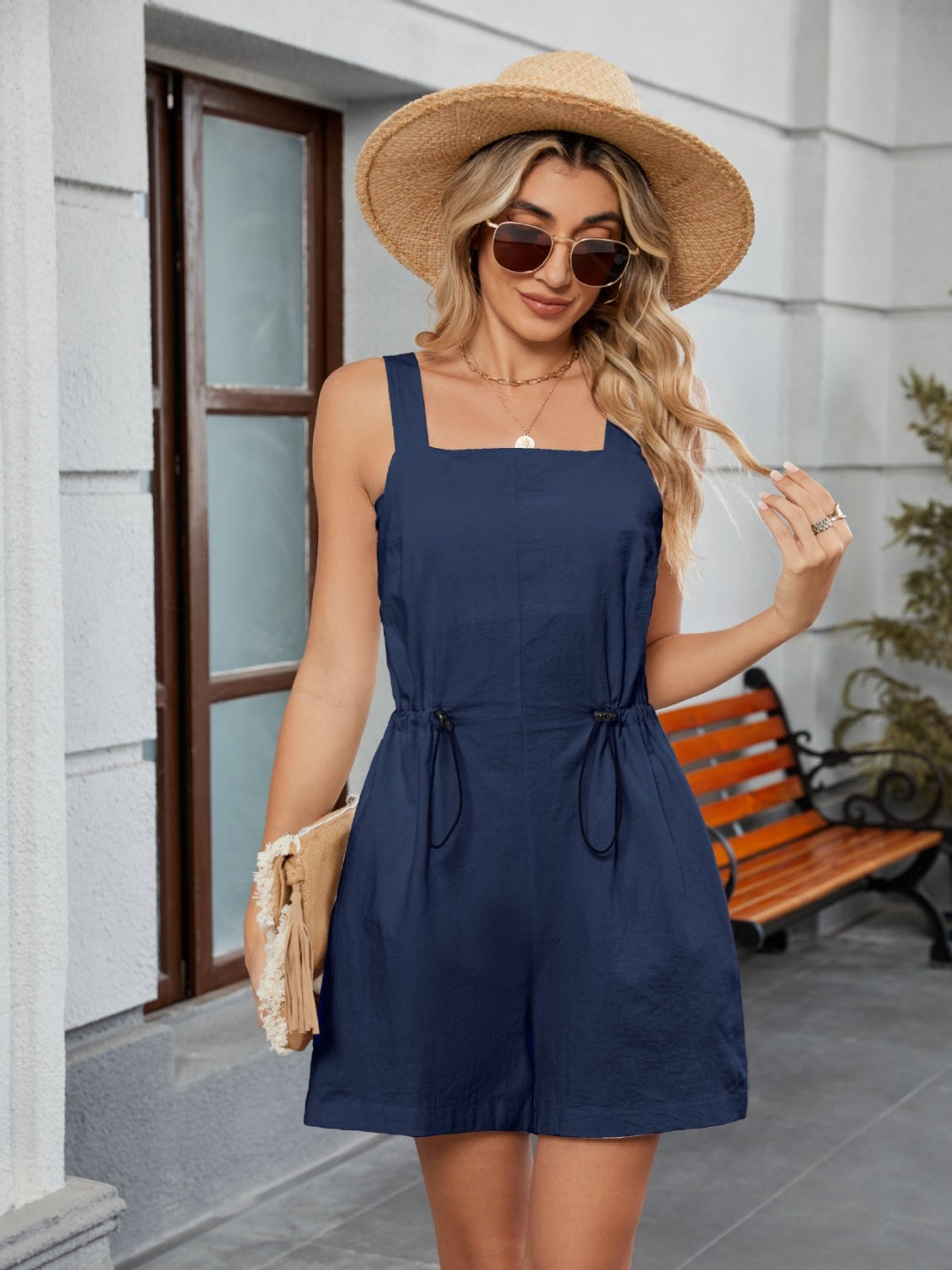 Drawstring wide strap romper with pockets, Navy