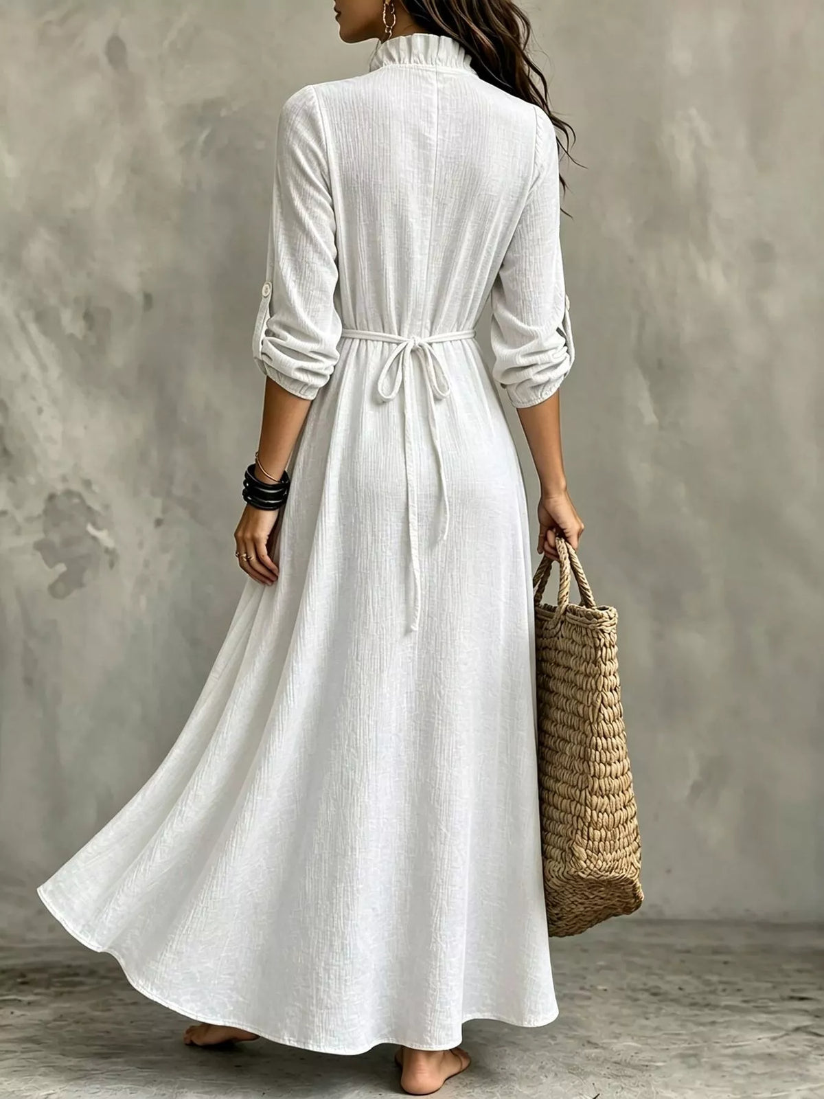 Roll-sleeve V-neck maxi dress