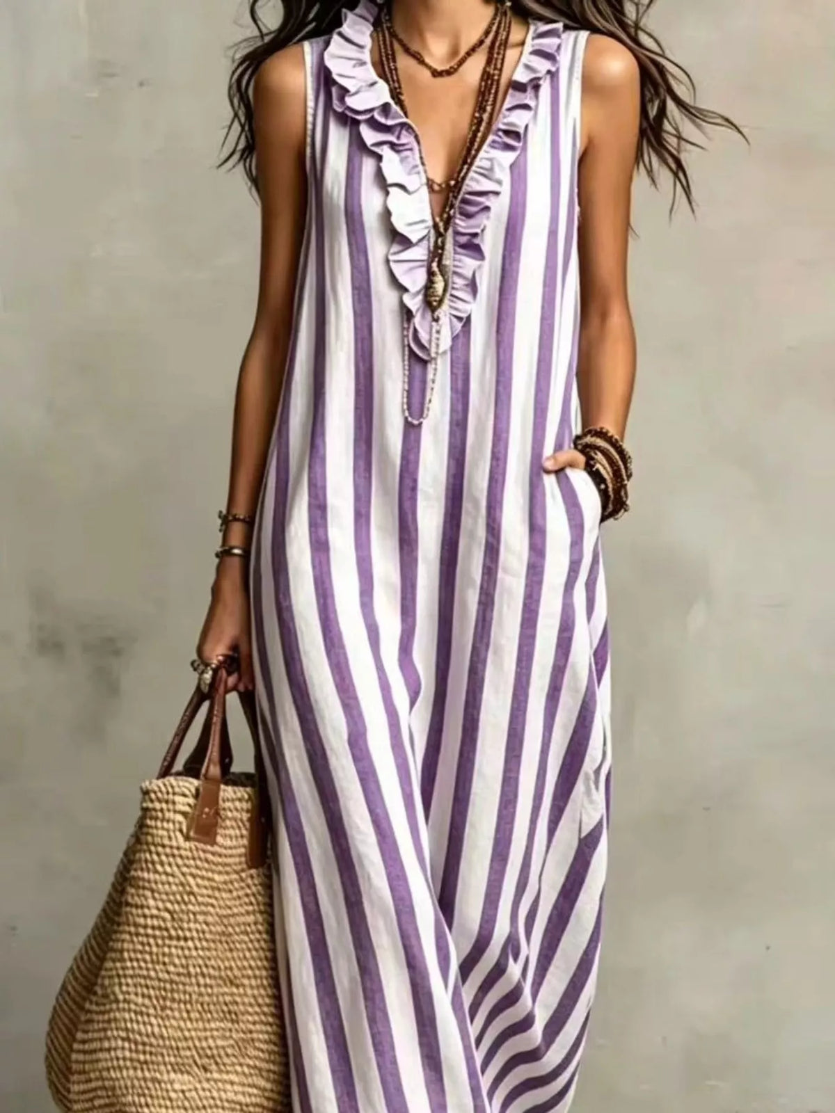 Sleeveless striped ruffle V-neck maxi dress
