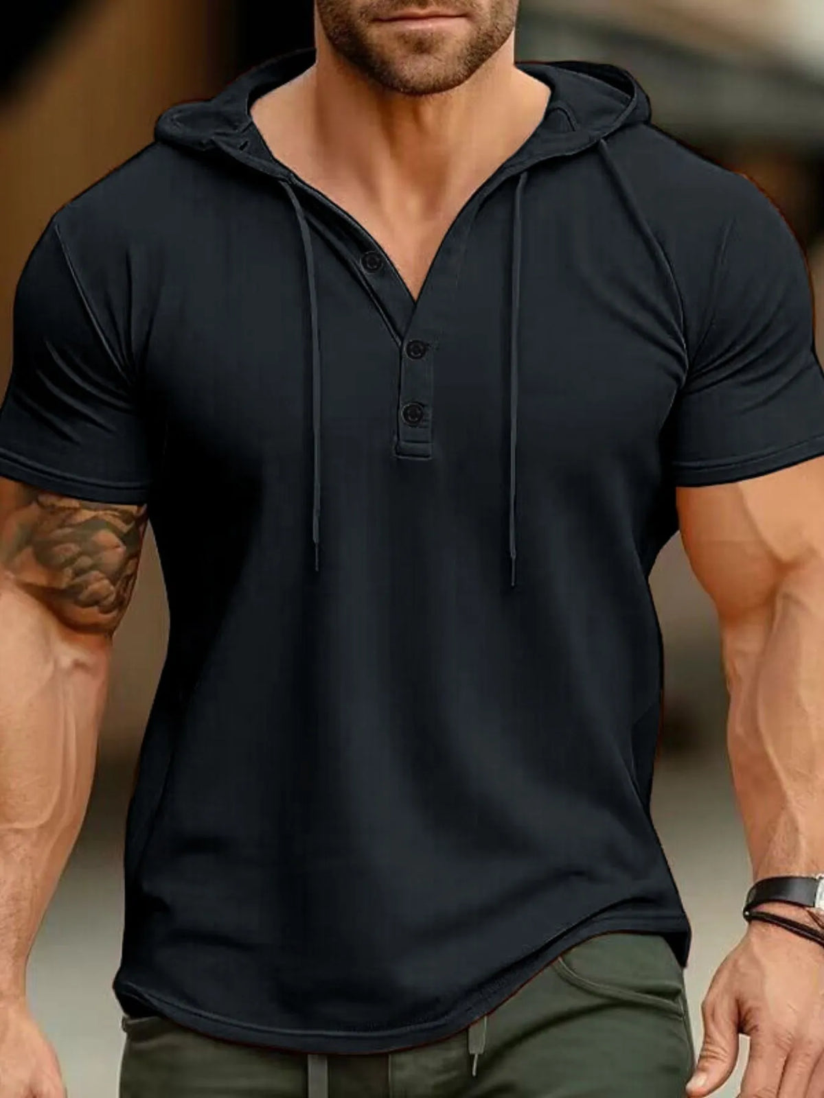 Casual hooded henley T-shirt, Black