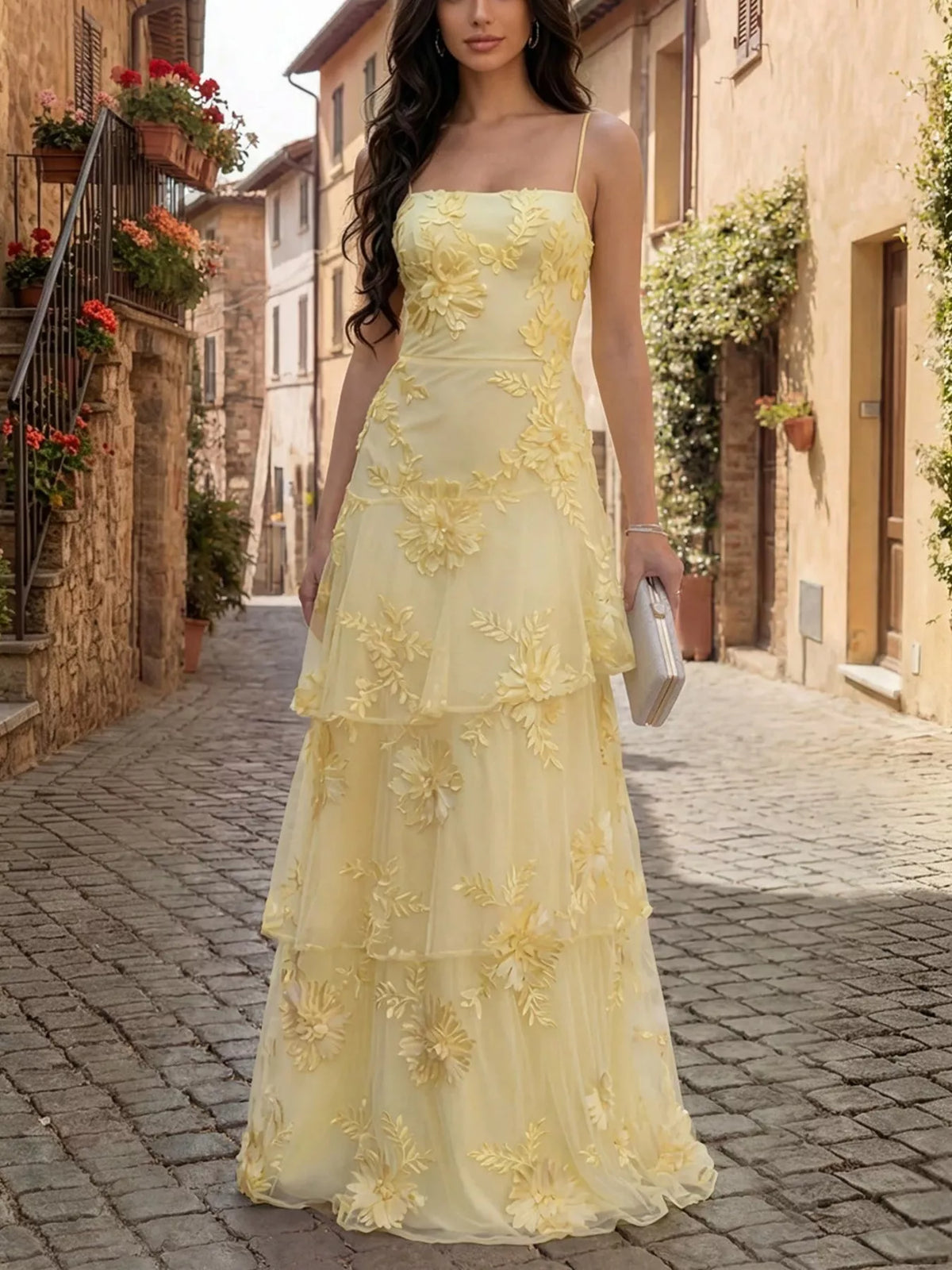 Floral appliqué tiered maxi dress – yellow
