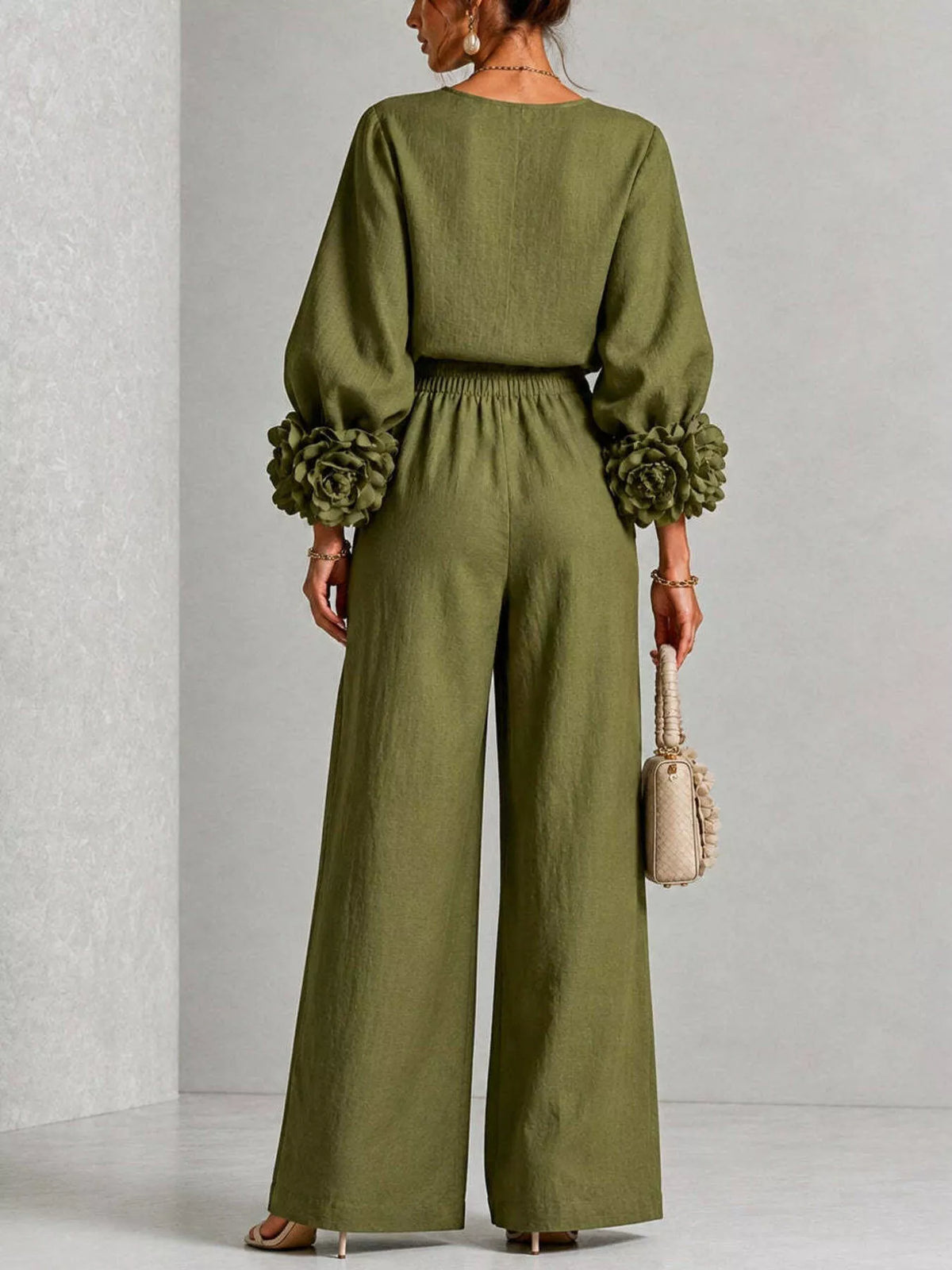 Floral-cuff top and pants set