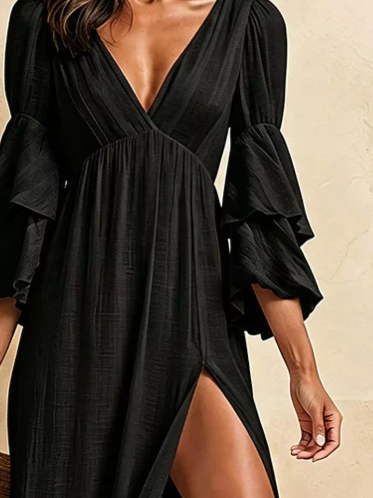 Ruffle-sleeve slit maxi dress