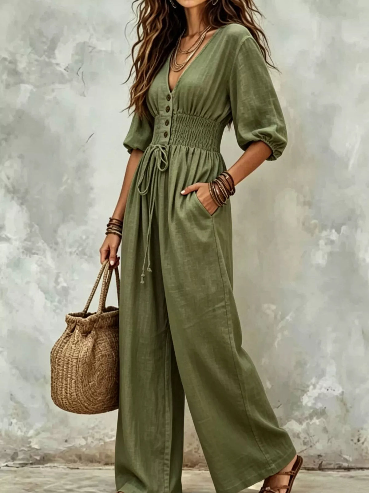 Smocked-waist wide-leg jumpsuit – army green