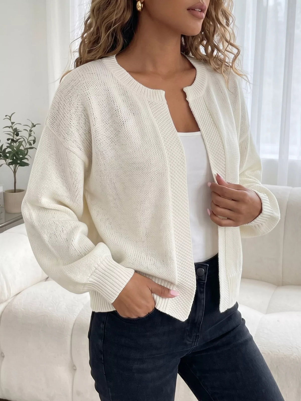 Casual open-front knit cardigan with ribbed trim