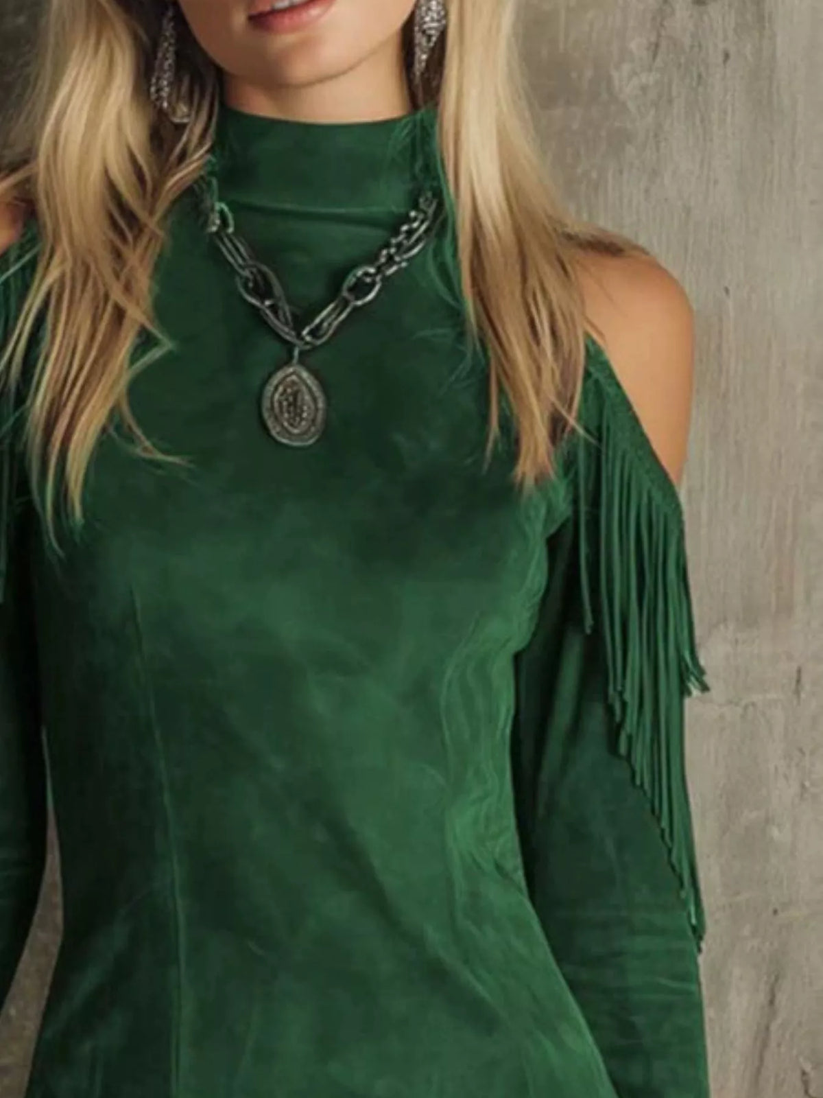 Fringed cold-shoulder dress