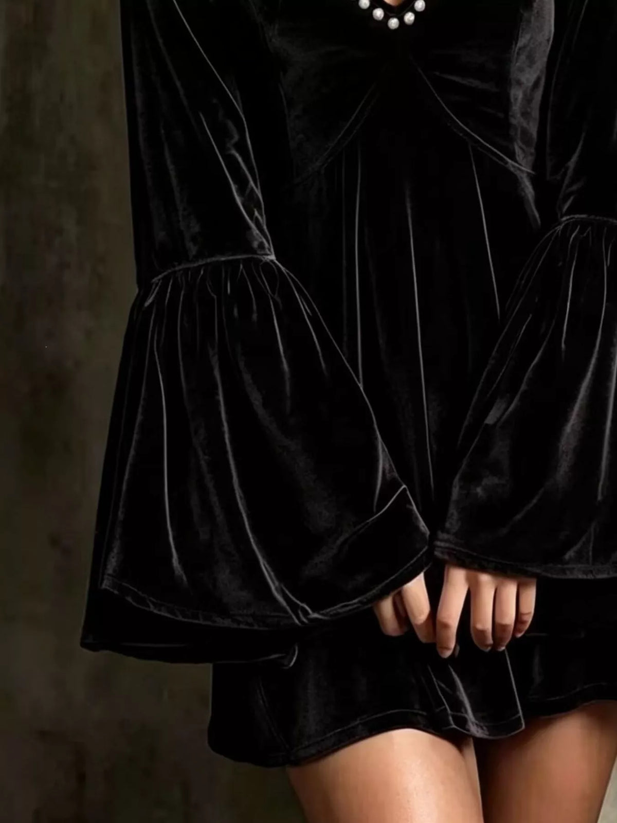 Velvet bell-sleeve mini dress with pearl embellished V-neck