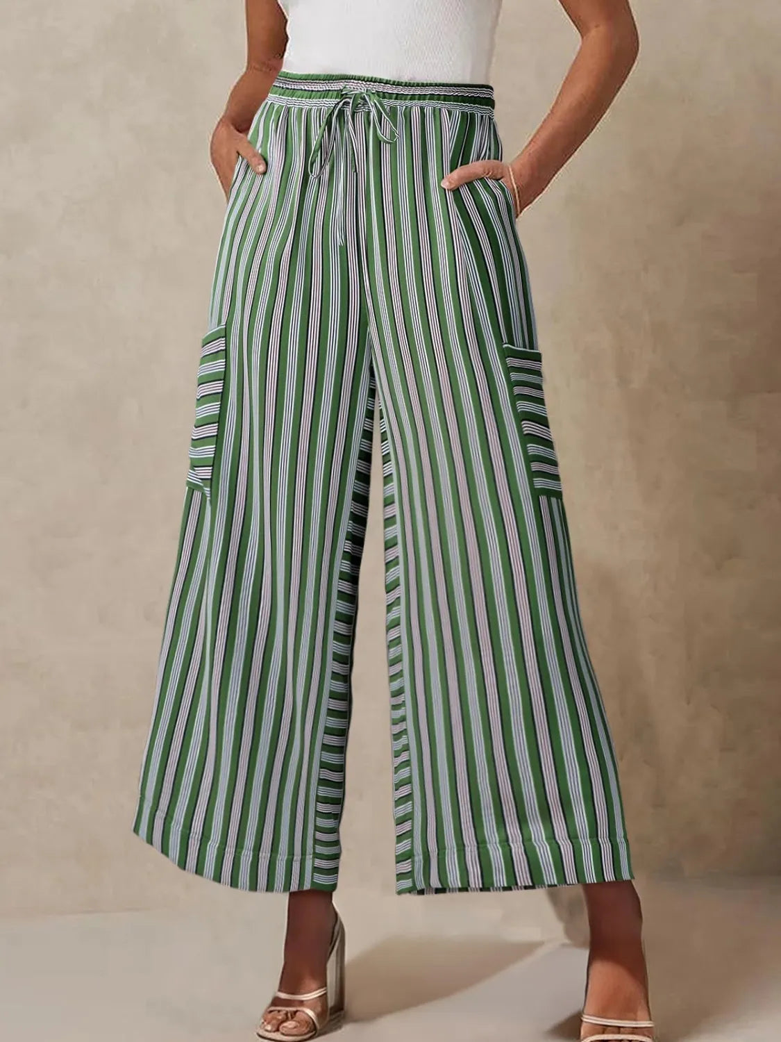 Contrast striped wide leg pants, Dark Green