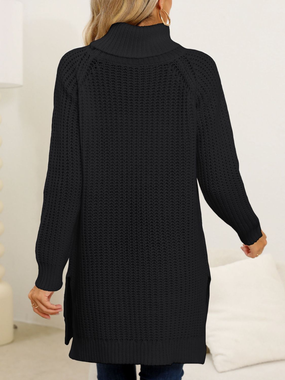 Slit turtleneck long sleeve sweater