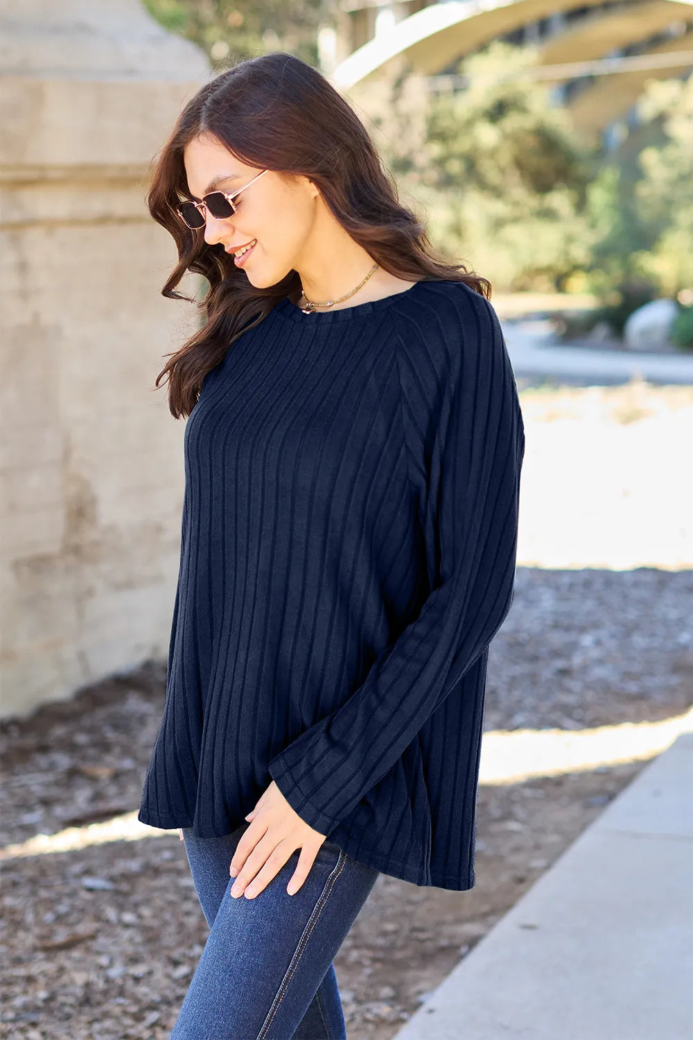 Ribbed long-sleeve knit top