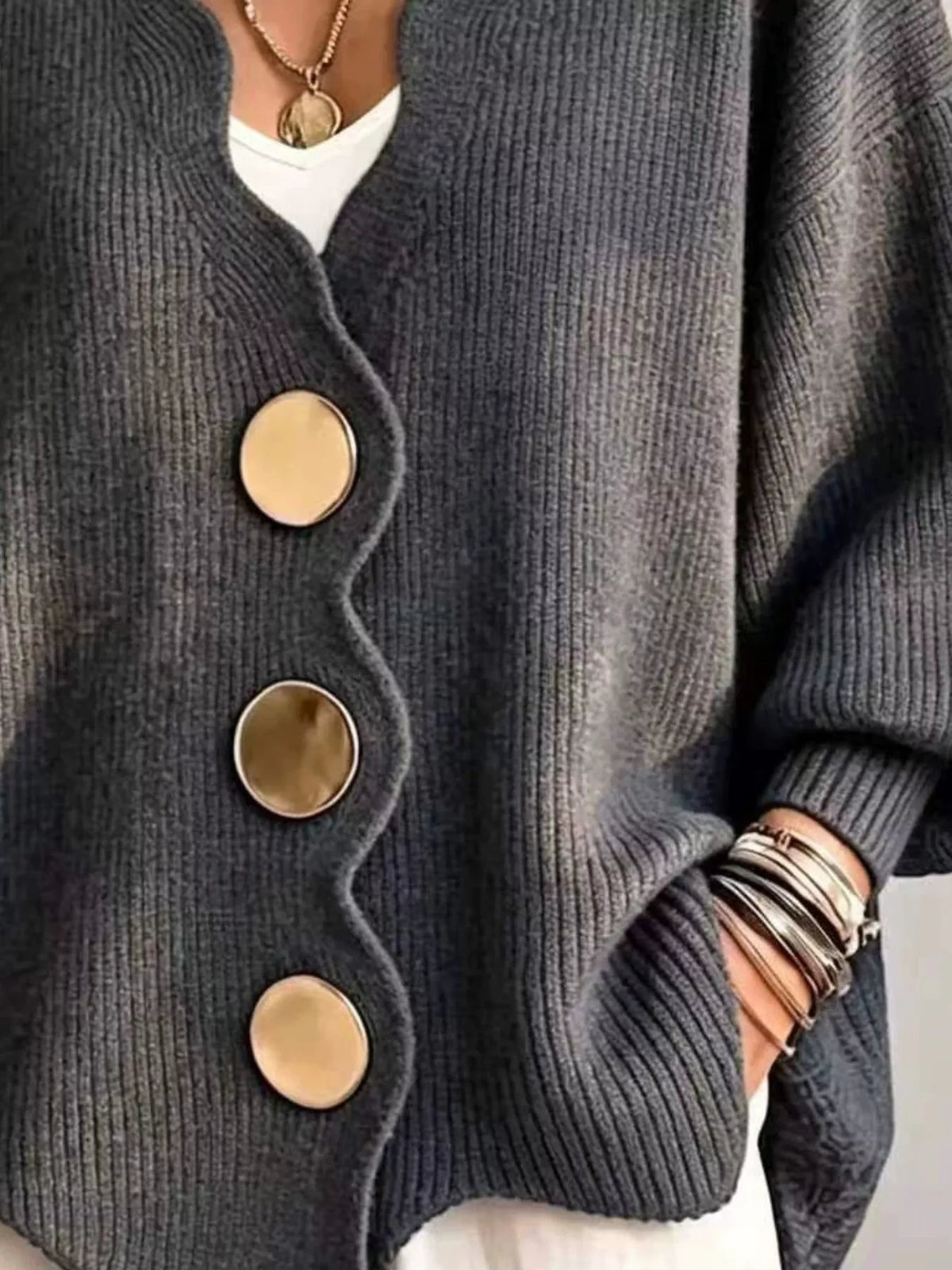 Scalloped-edge oversized button-down cardigan