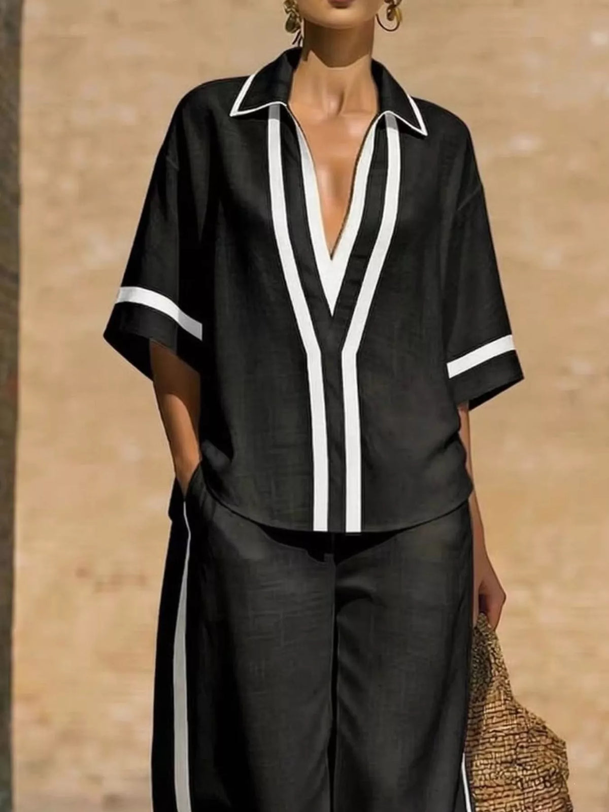 Contrast-trim top and pants set