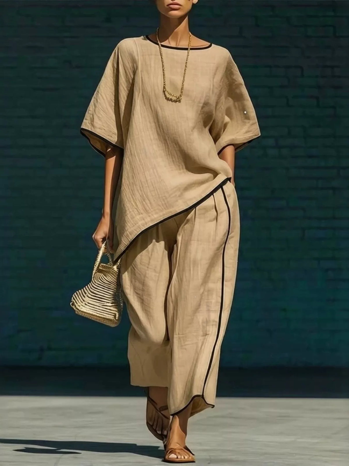 Contrast-trim top and trouser set, Khaki