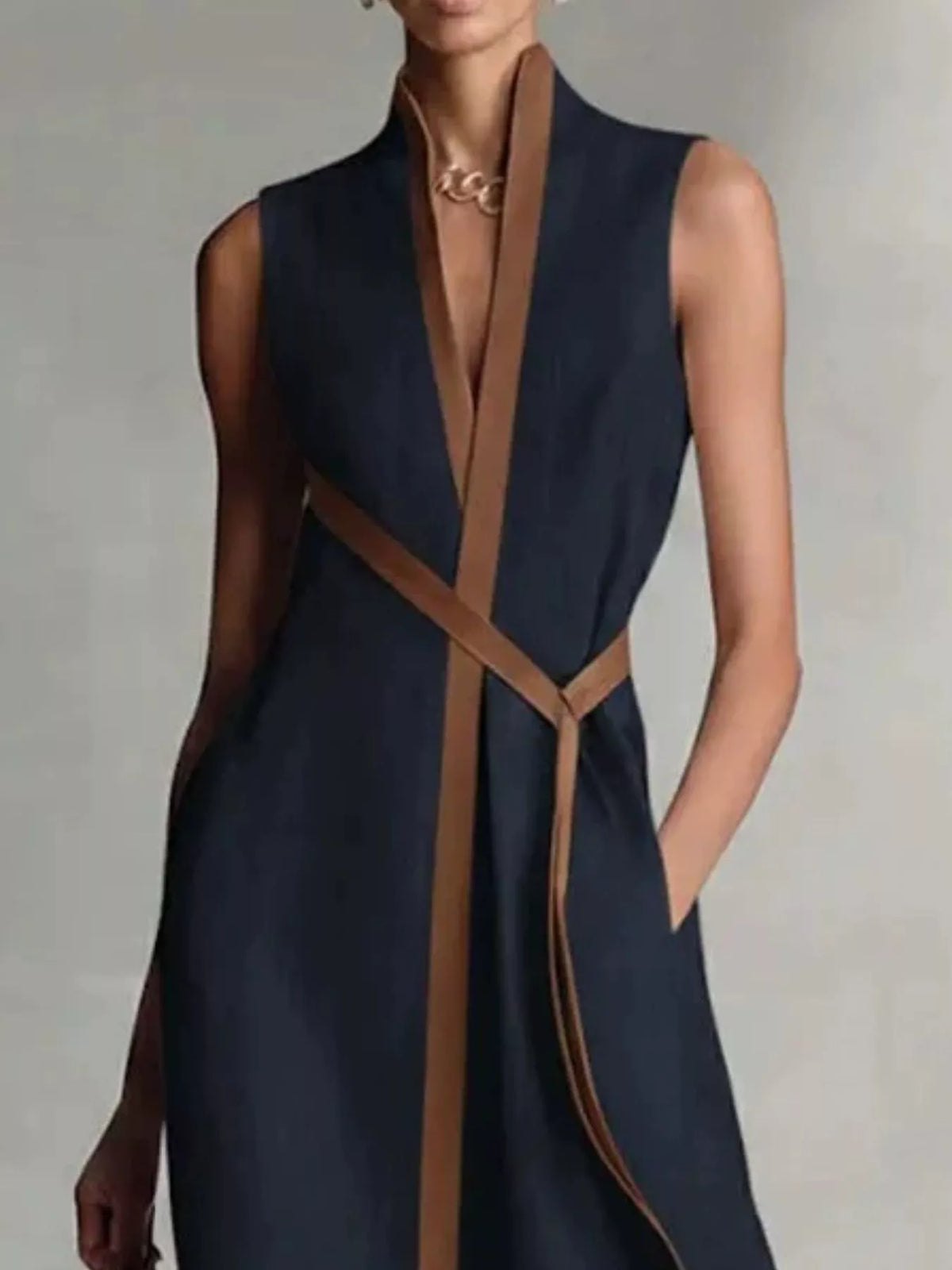 Sleeveless wrap maxi dress with contrast trim