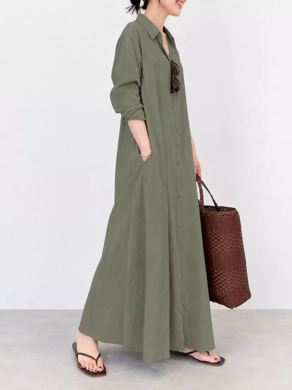 Button front long sleeve maxi shirt dress