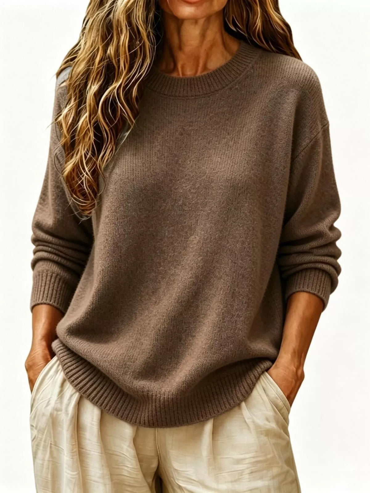 Dropped-shoulder crew sweater – coffee brown