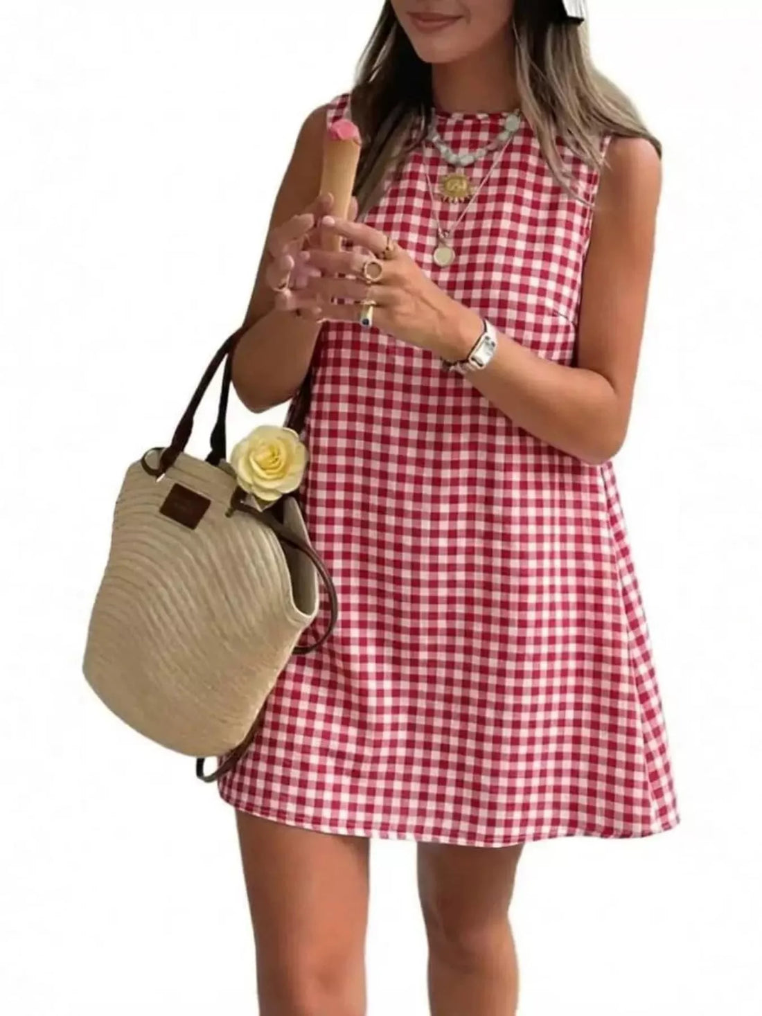 Gingham A-line mini dress – red