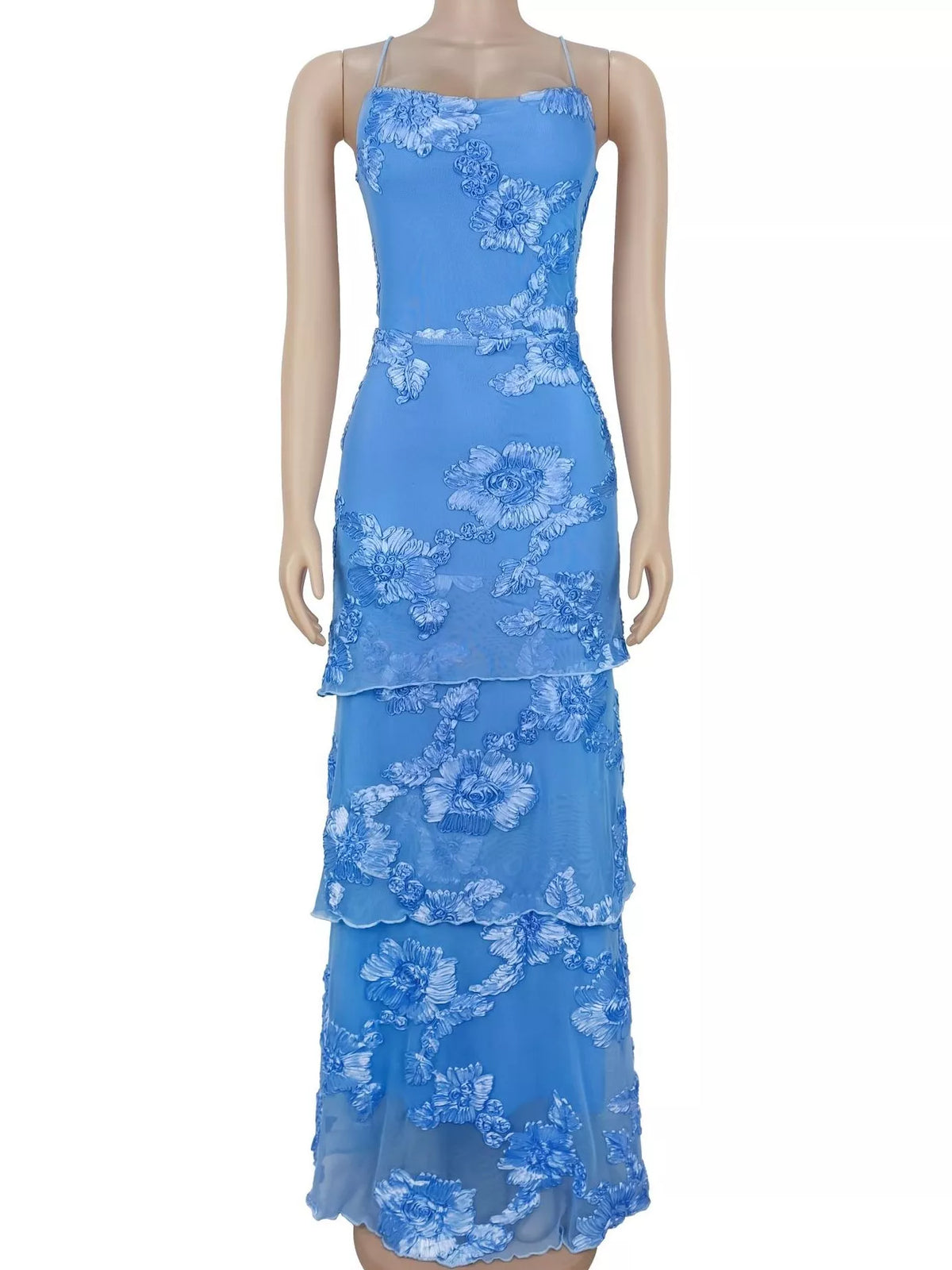 Floral appliqué tiered maxi dress