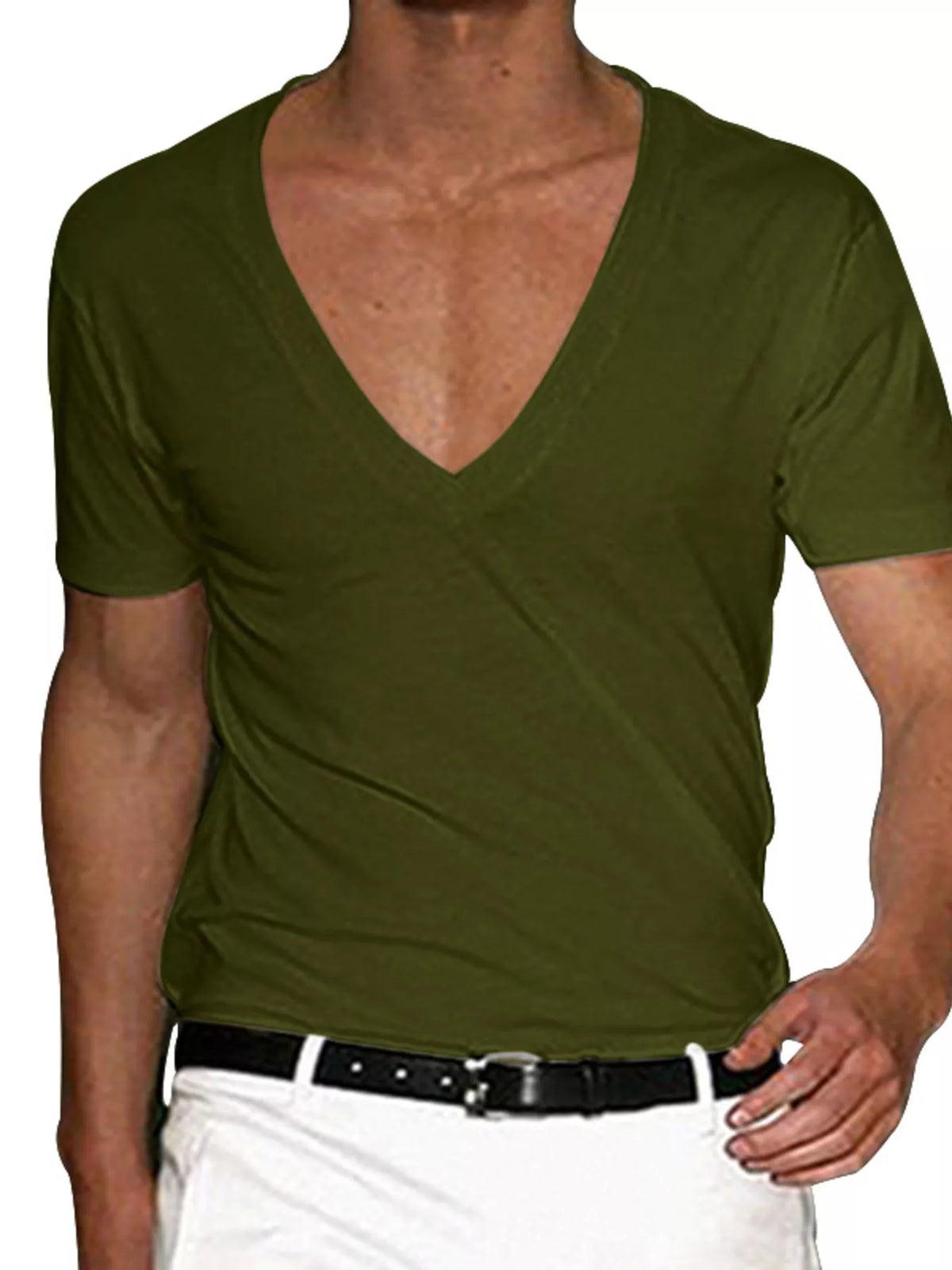 Deep V-neck tee – army green