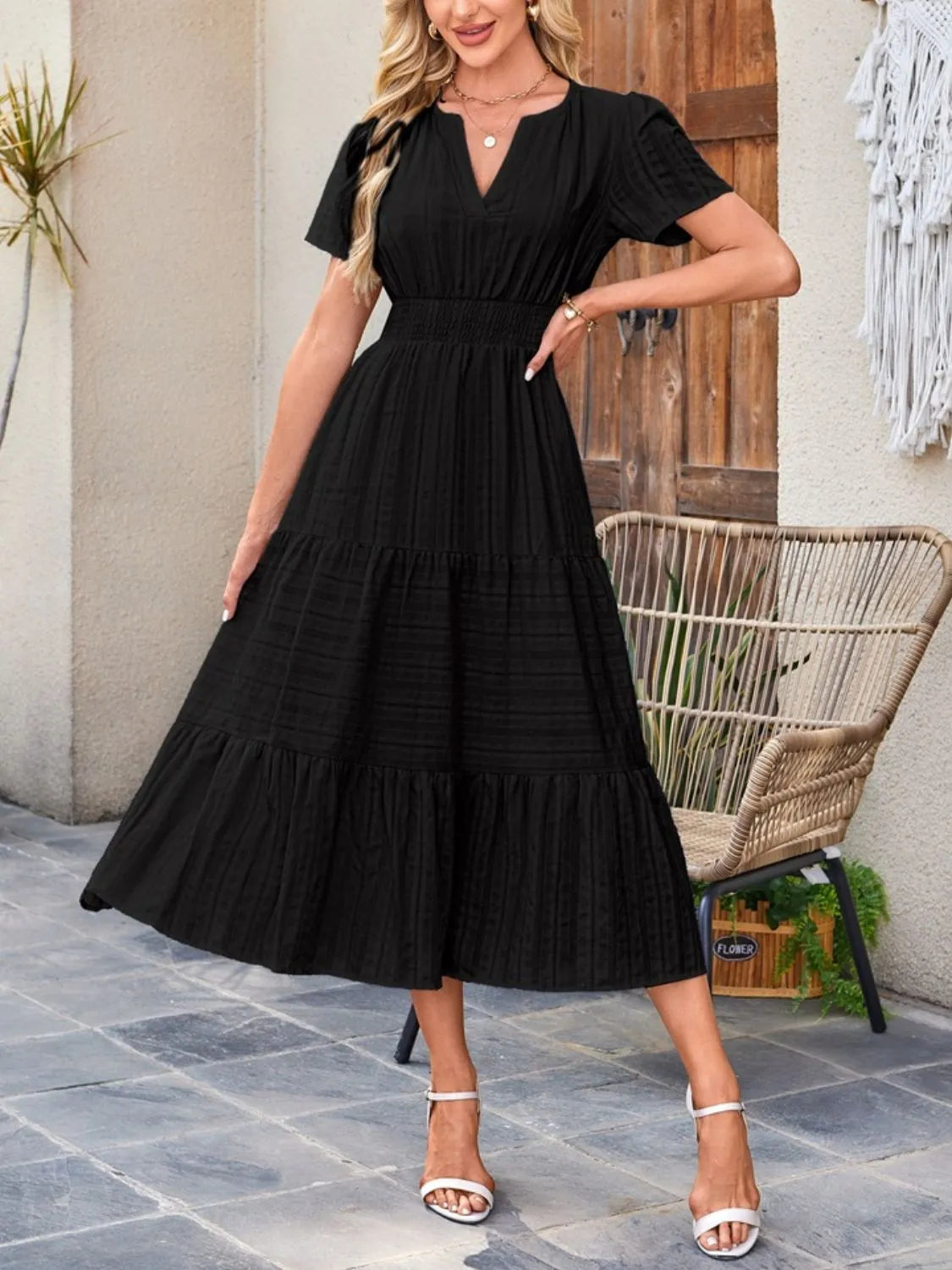 Tiered notched short sleeve dress