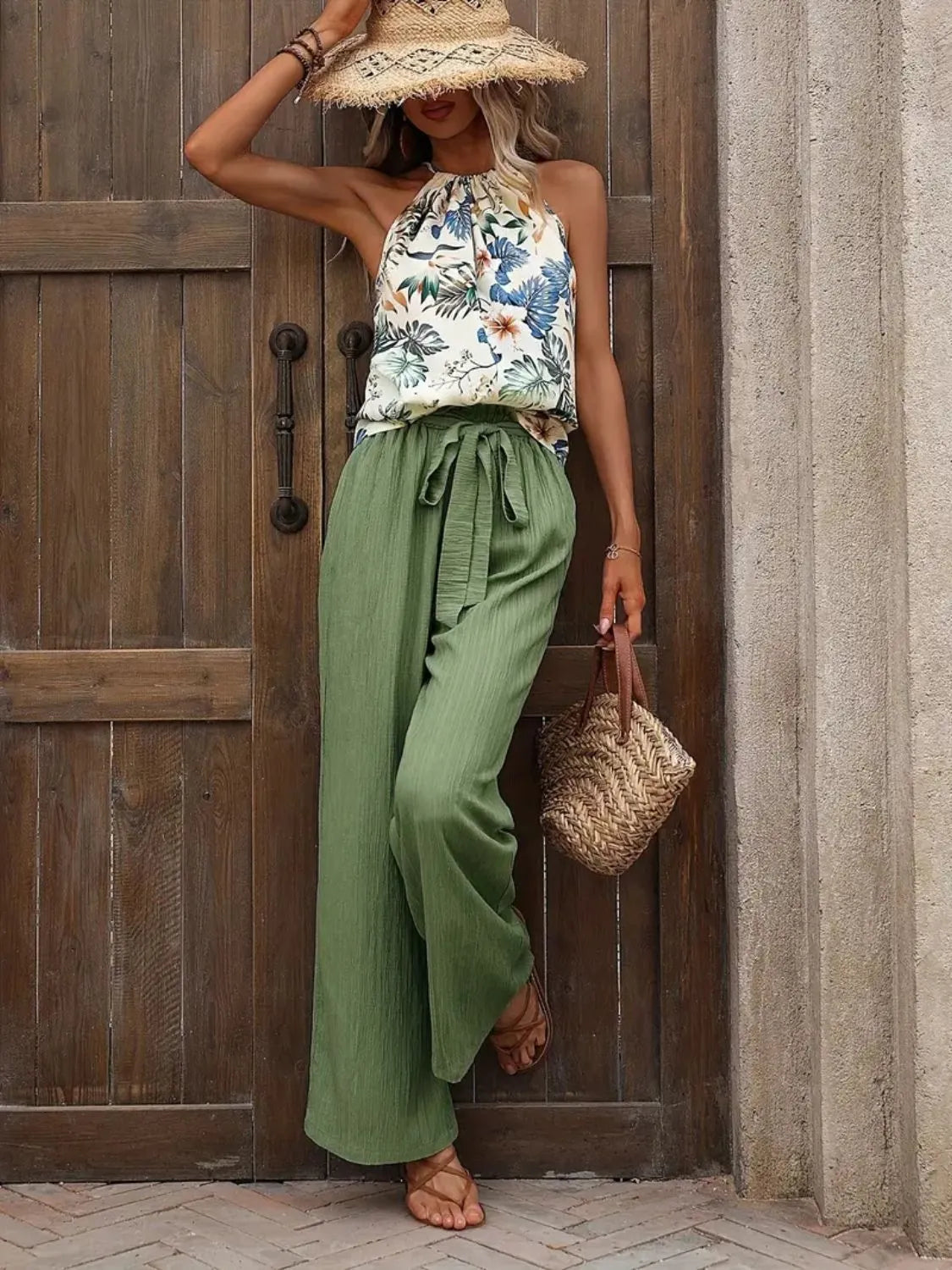 Printed tank top and wide leg pants set