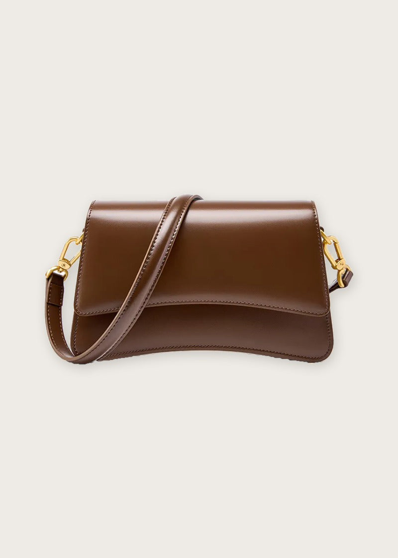 Glossed leather shoulder bag, Brown, front