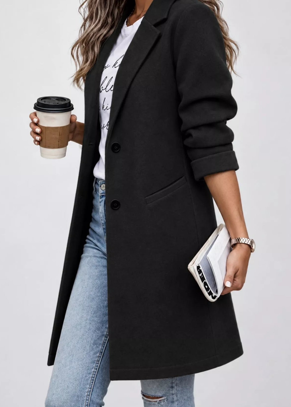 Lapel button coat, Black, front