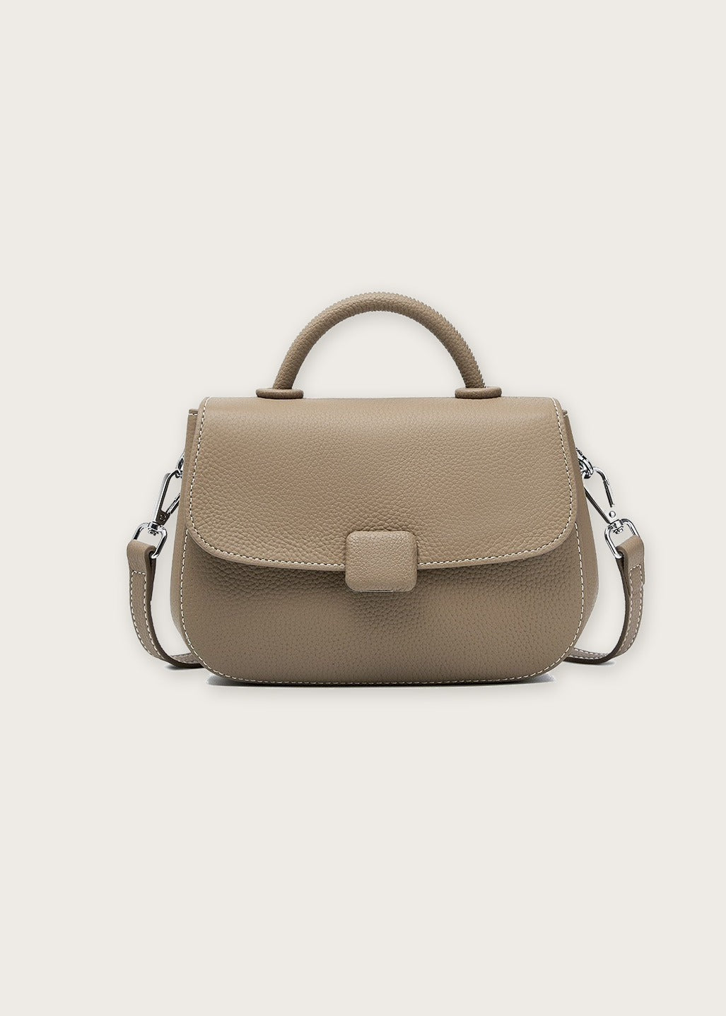 Pebbled top handle flap bag, Taupe, front